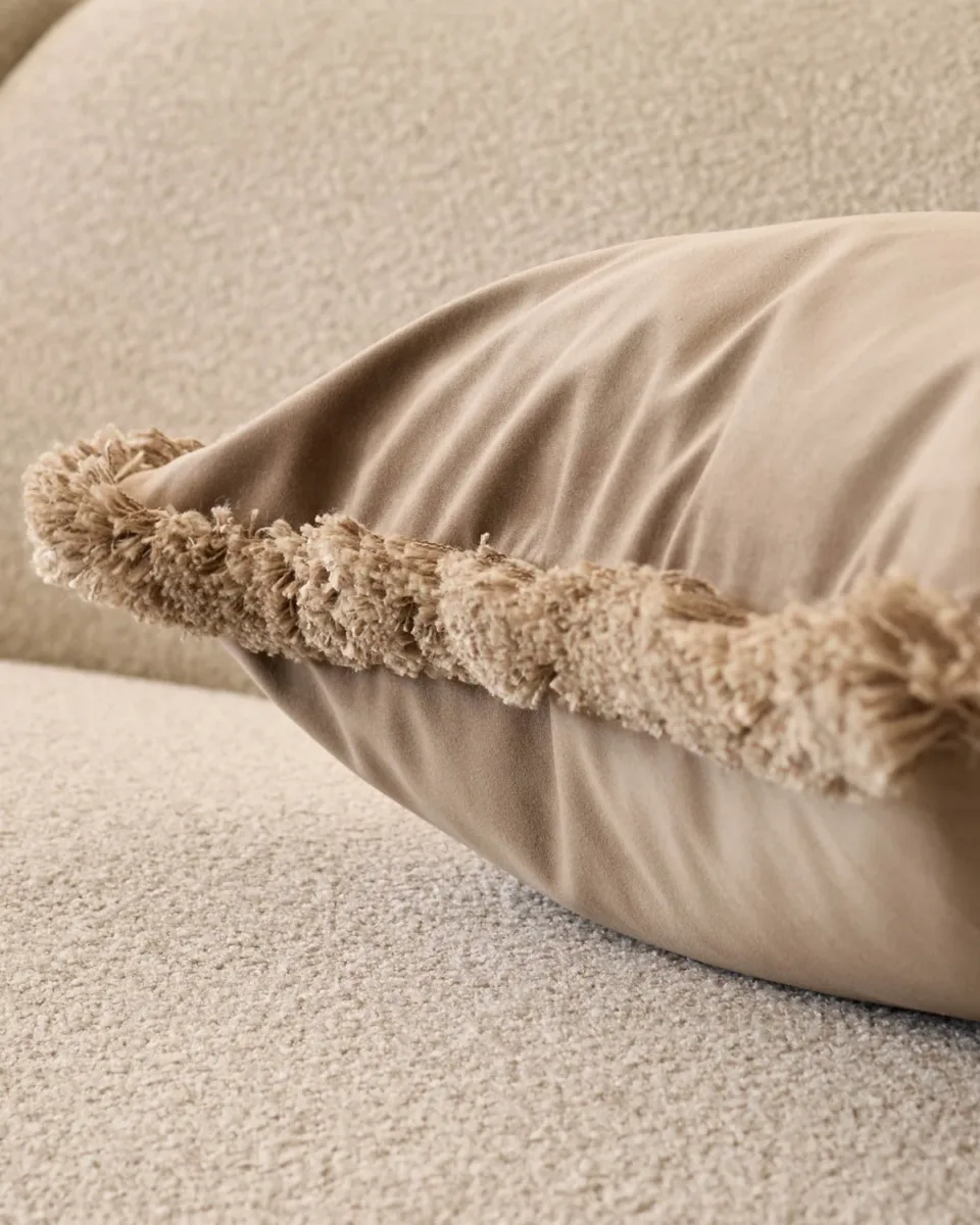 Selvage taupe large velvet cushion - Image 3