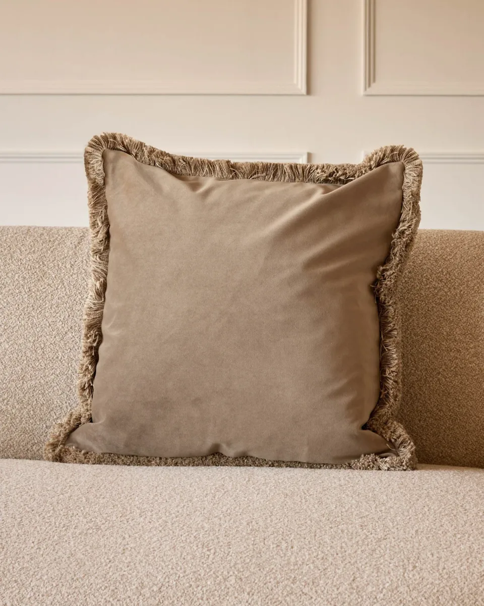 Selvage taupe large velvet cushion