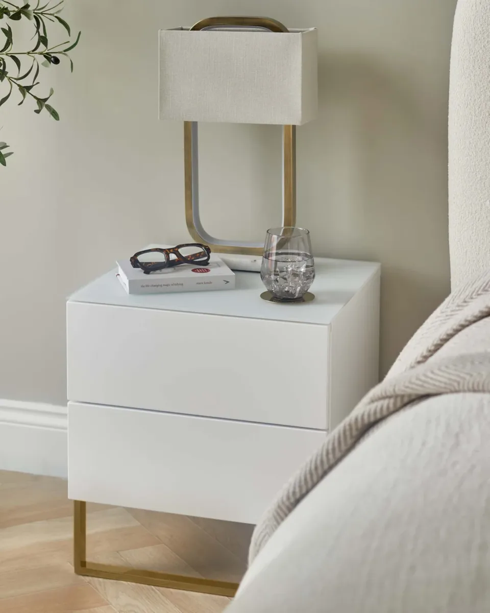 Benton White 2 Drawer Bedside Table With Brass Legs - Image 2