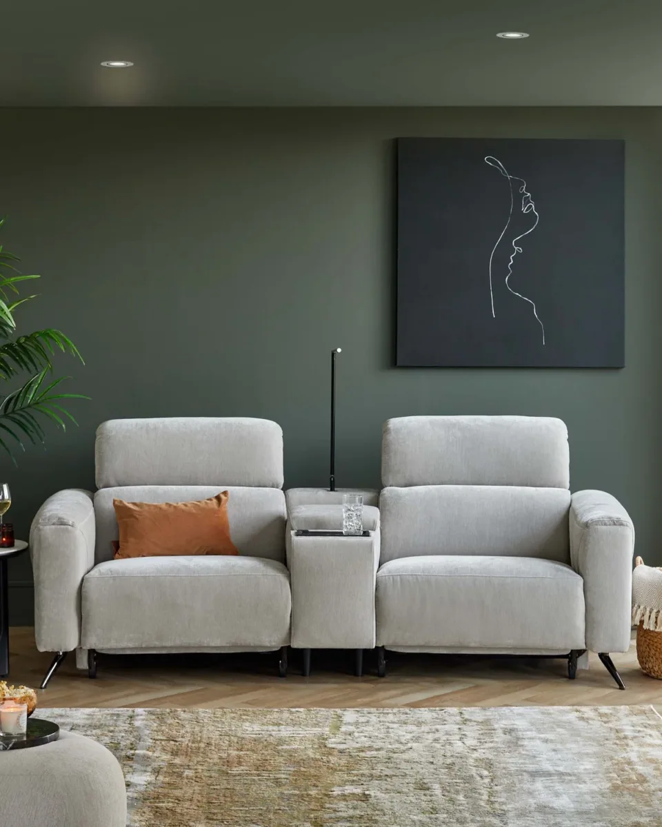 Kenzie light grey fabric recliner 2 seater sofa with console