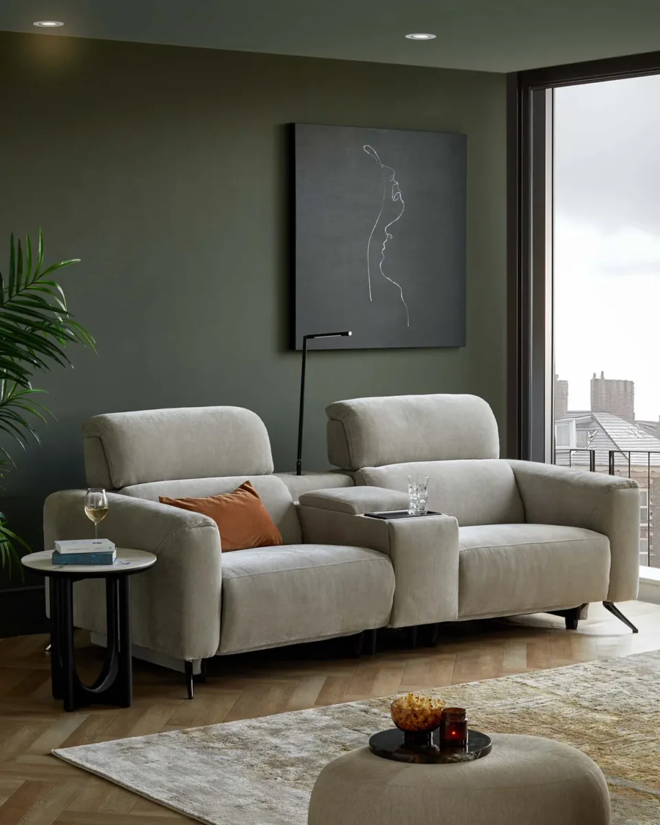 Kenzie light grey fabric recliner 2 seater sofa with console - Image 3