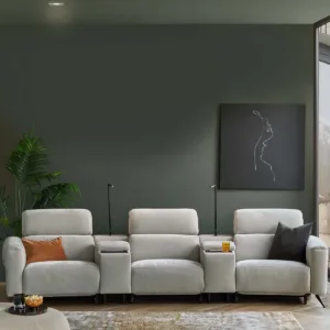 Kenzie light grey fabric recliner 3 seater sofa with console