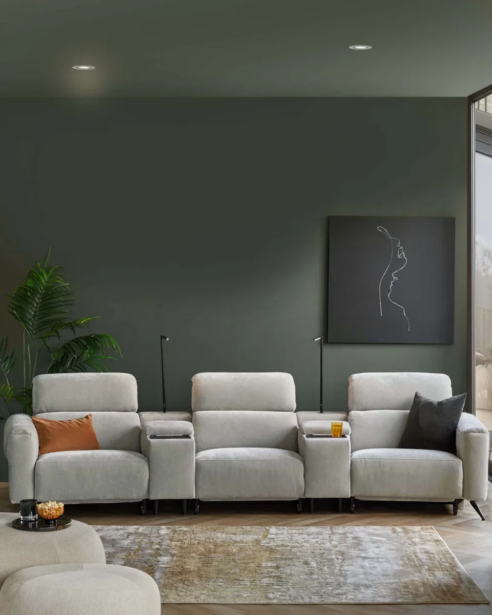 Kenzie light grey fabric recliner 3 seater sofa with console