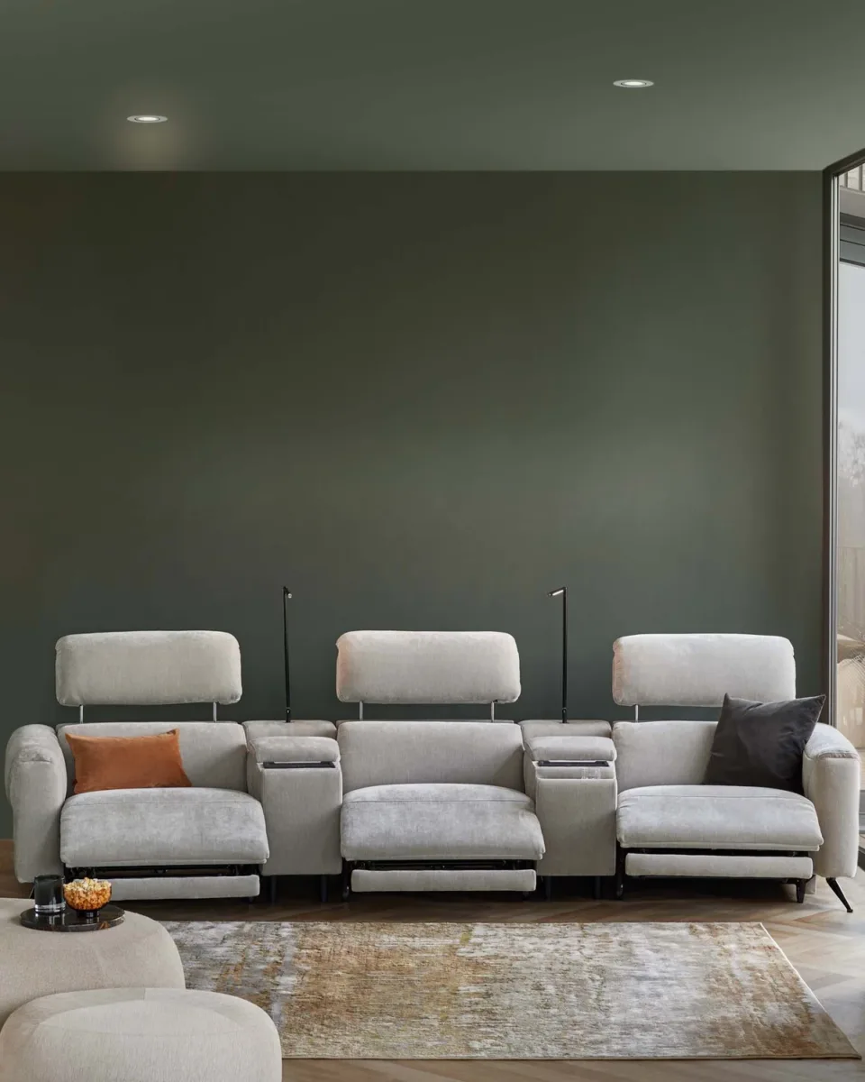 Kenzie light grey fabric recliner 3 seater sofa with console - Image 2