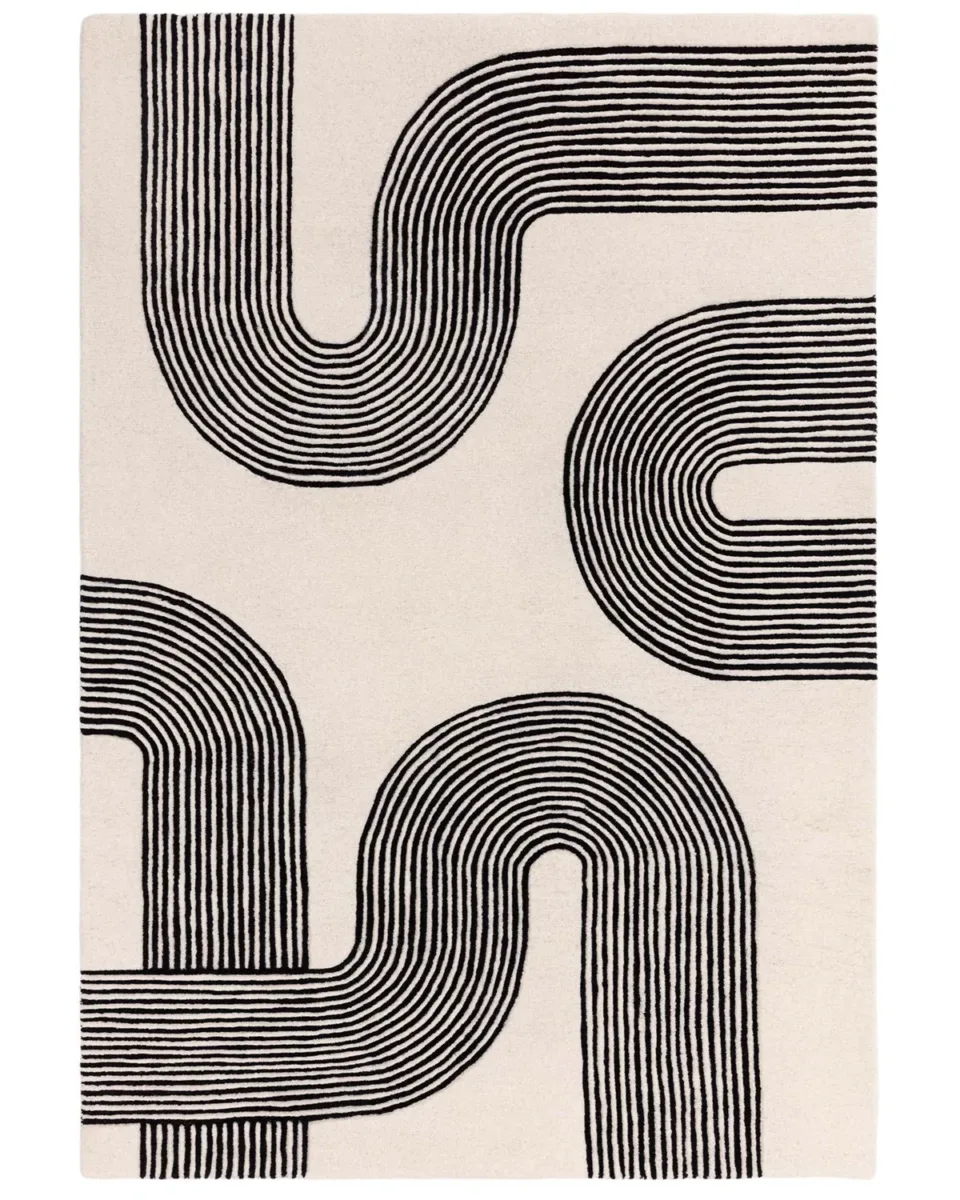 Abstract Lines black and cream wool small rug