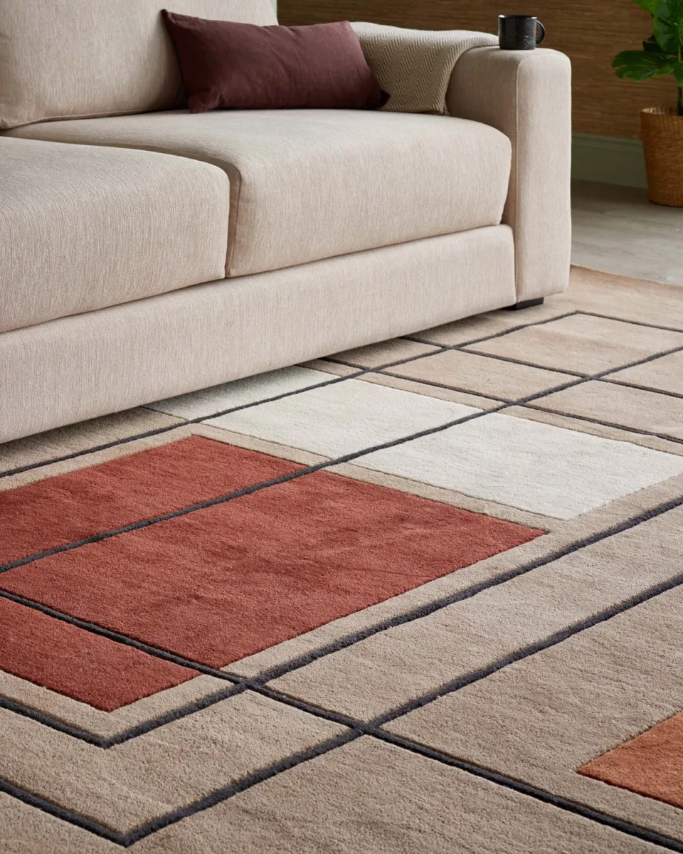 Abstract Squares deep red wool large rug - Image 2