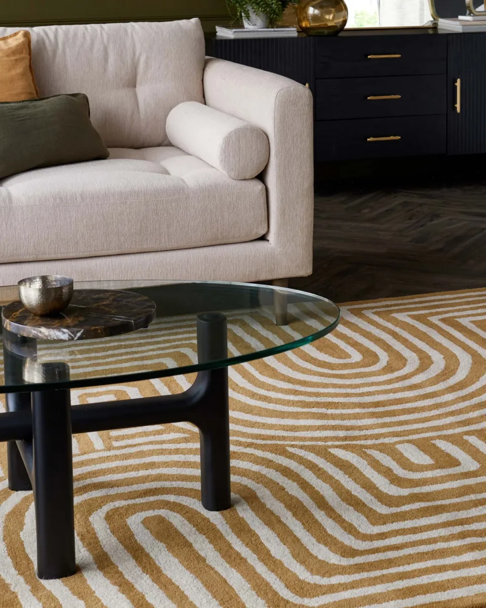 Abstract Swirl ochre wool small rug - Image 3
