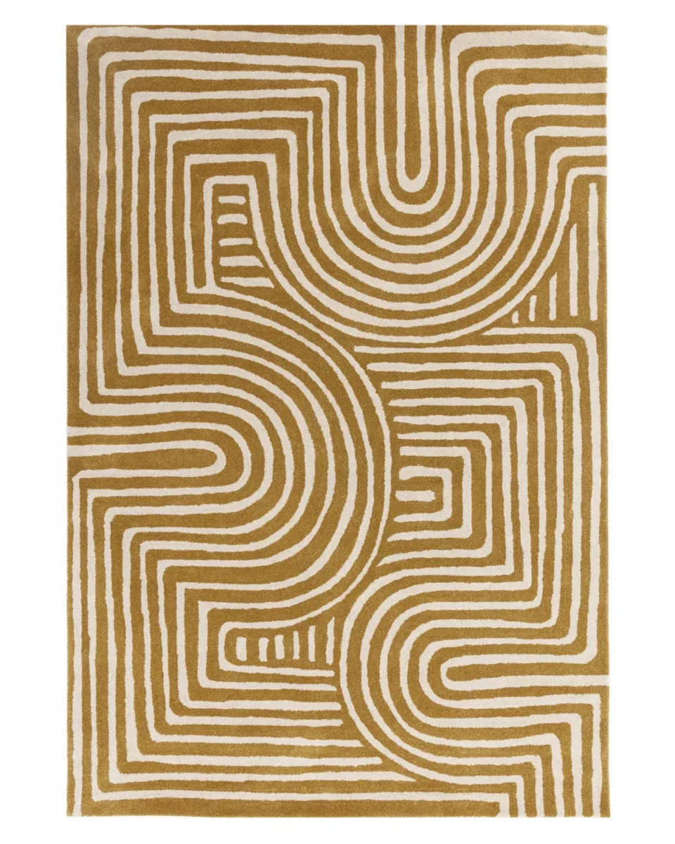 Abstract Swirl ochre wool small rug