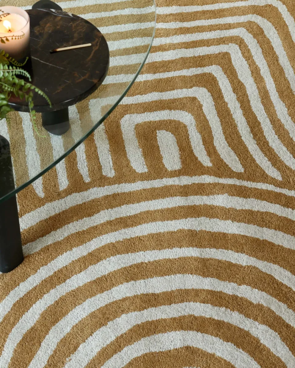 Abstract Swirl ochre wool small rug - Image 2