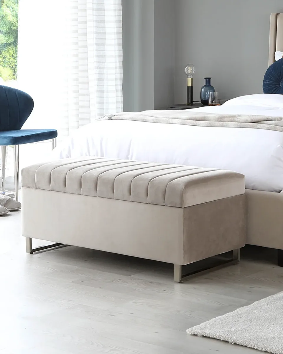 Amalfi Champagne Velvet And Brushed Steel Ottoman Storage Bench