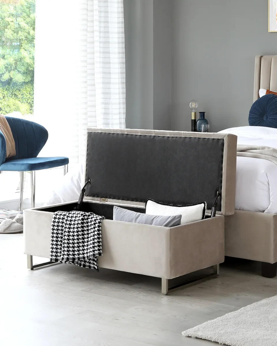 Amalfi Champagne Velvet And Brushed Steel Ottoman Storage Bench - Image 2