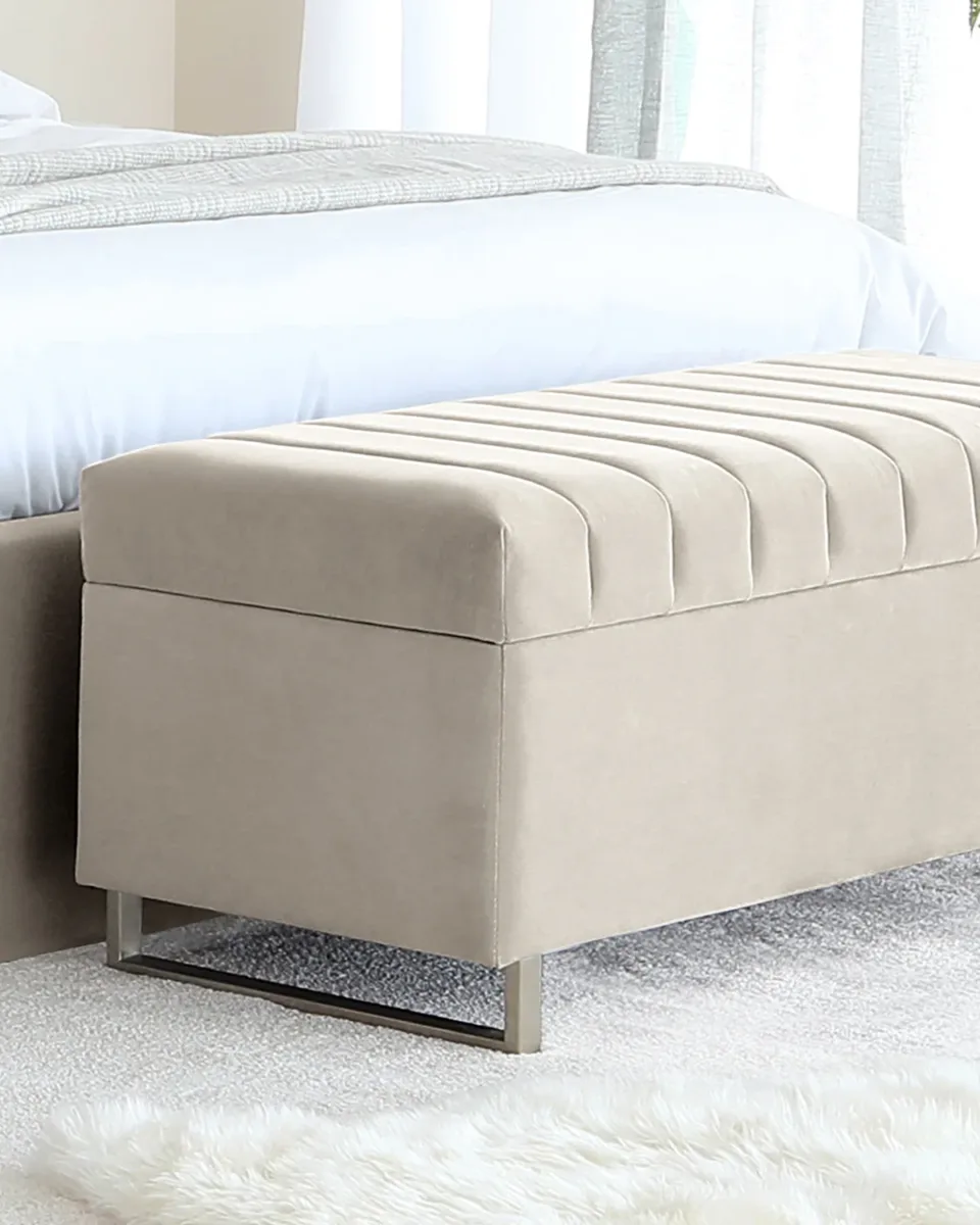 Amalfi Champagne Velvet And Brushed Steel Ottoman Storage Bench - Image 3