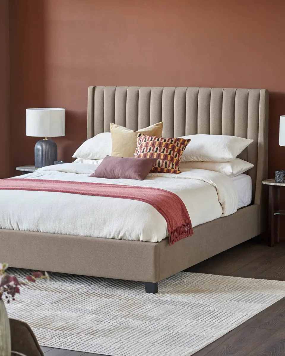 Amalfi mocha plush fabric king size ottoman storage bed