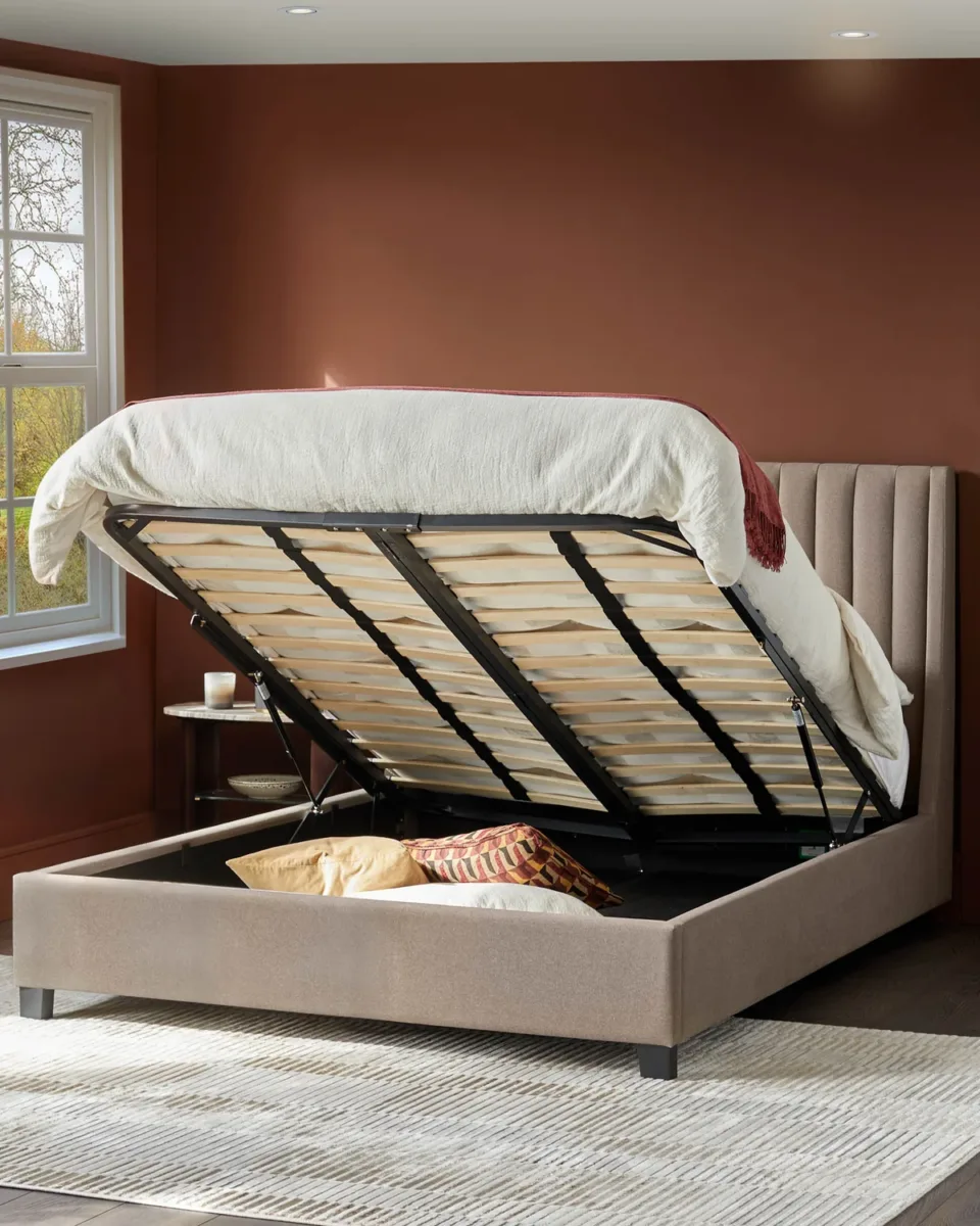 Amalfi mocha plush fabric king size ottoman storage bed - Image 3