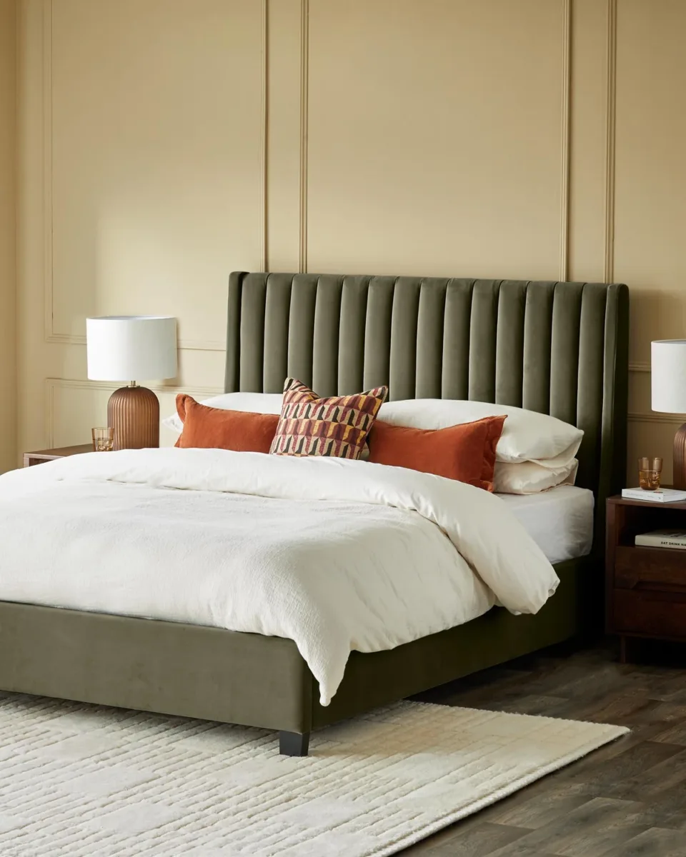 Amalfi olive green velvet double ottoman storage bed
