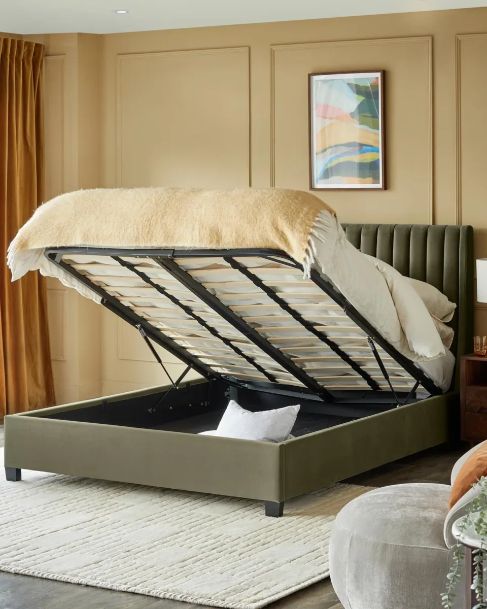 Amalfi olive green velvet super king size ottoman storage bed - Image 3
