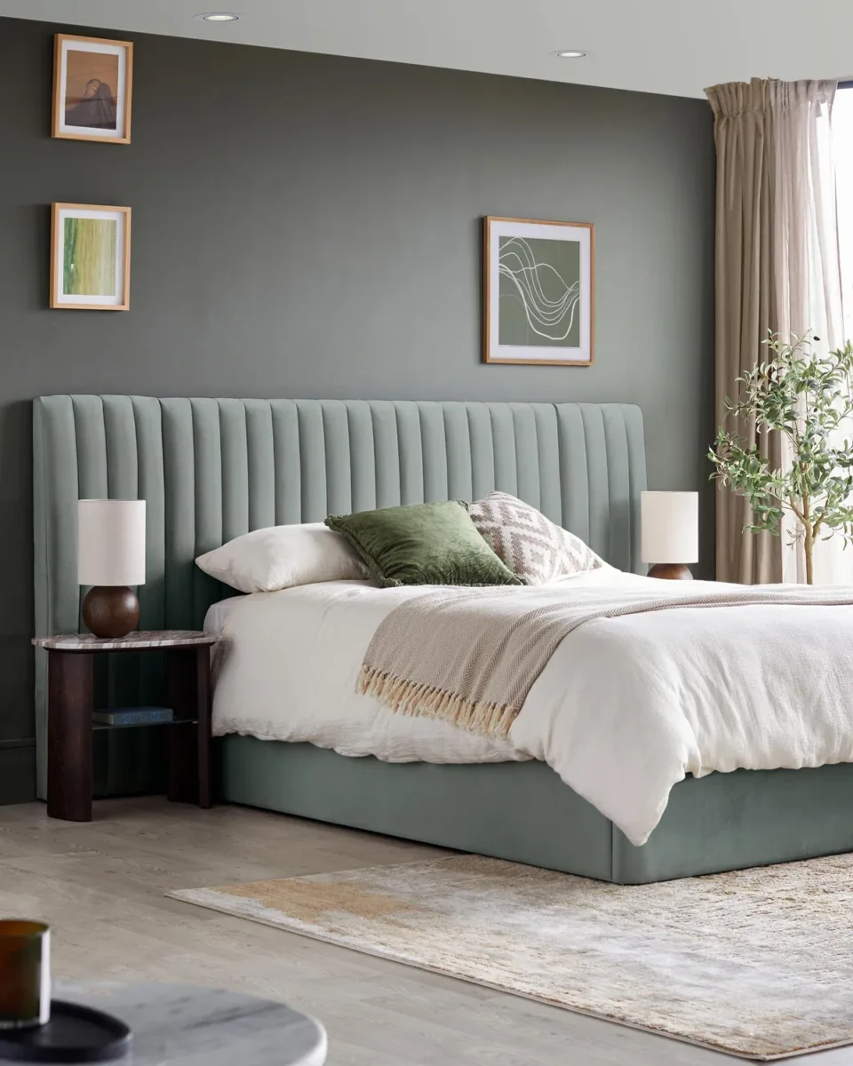Amalfi Luxe sage green velvet king size ottoman storage bed