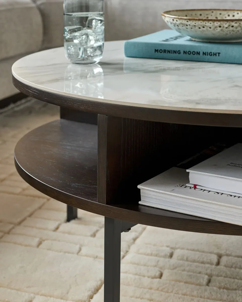 Aurora Marbled Ceramic and Dark Oak Round Coffee Table - Image 4