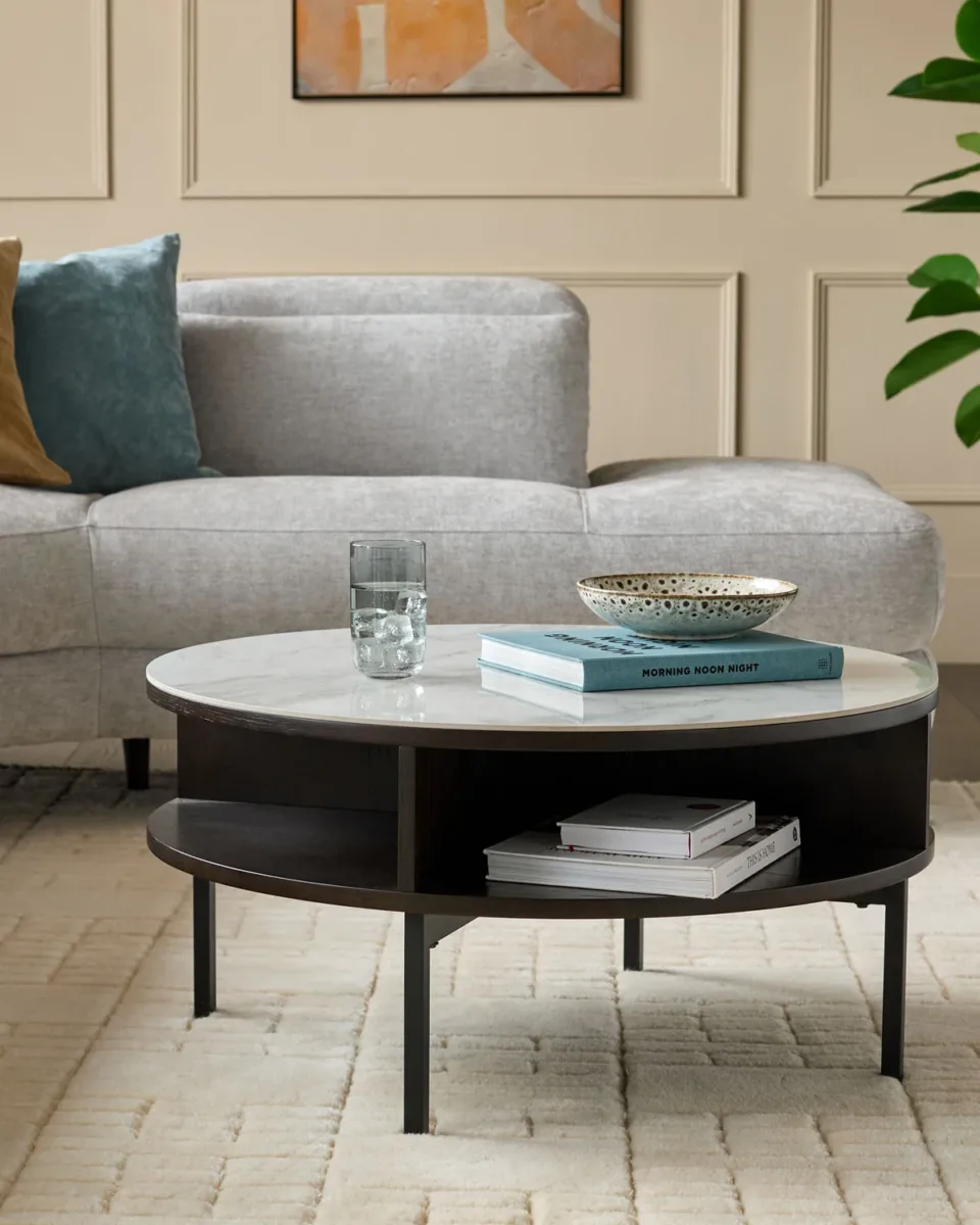 Aurora Marbled Ceramic and Dark Oak Round Coffee Table - Image 2