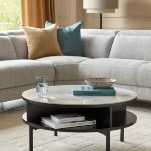 Aurora Marbled Ceramic and Dark Oak Round Coffee Table