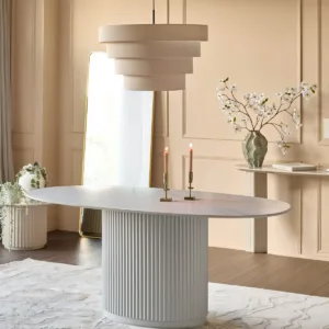 Austin White Marbled Ceramic Fluted 6 Seater Dining Table