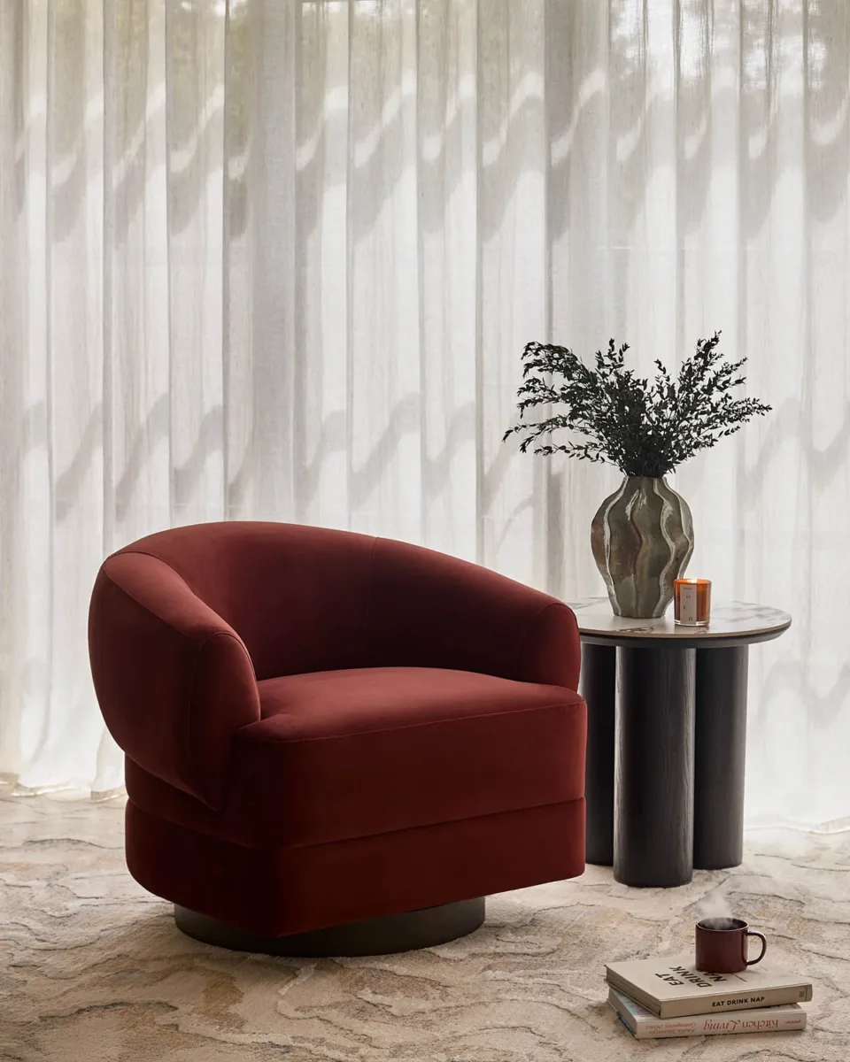 Callan toffee red velvet swivel accent chair - Image 4