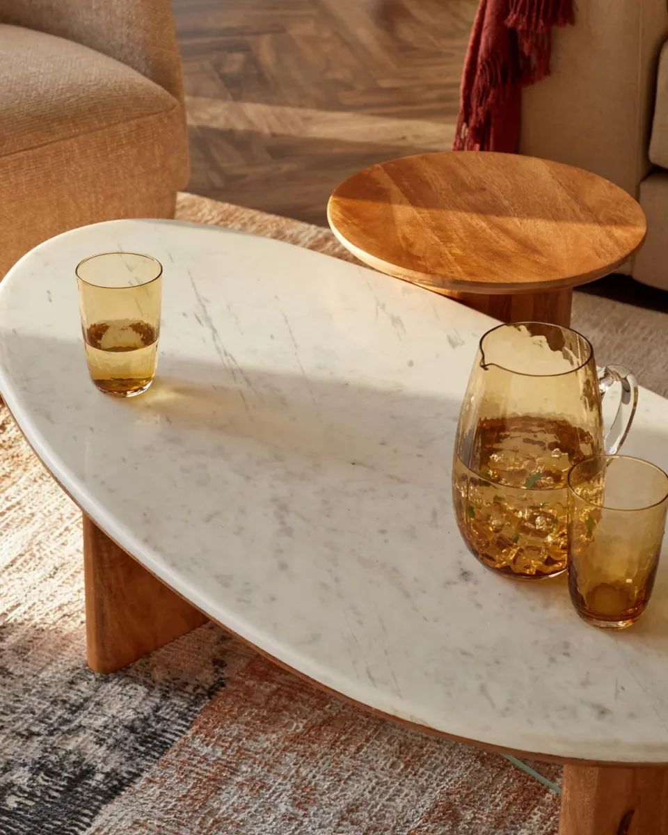 Cara light mango wood marble top coffee table - Image 2