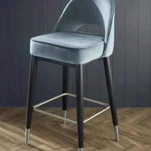 Clover Black Wood with Stainless Steel Caps Bar Stool in Blue Grey Plush Velvet
