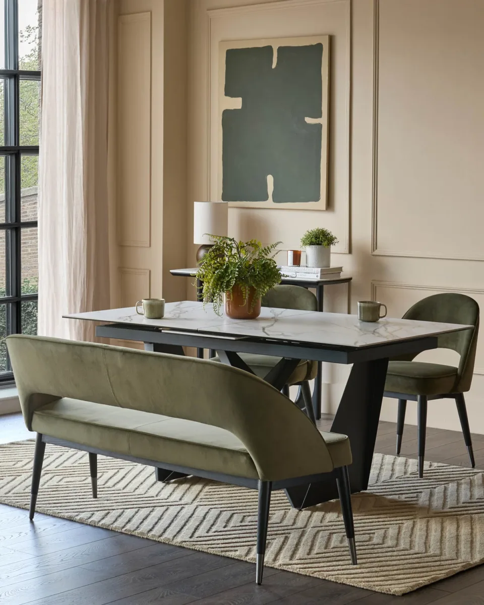 Clover olive green velvet dining bench with backrest - Image 2