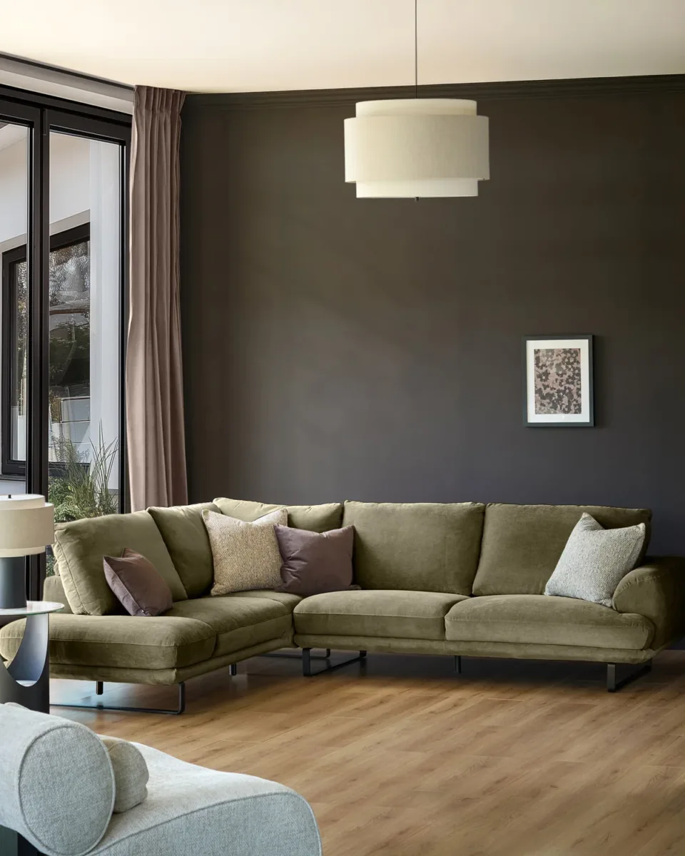 Colette olive green chenille left hand corner chaise sofa