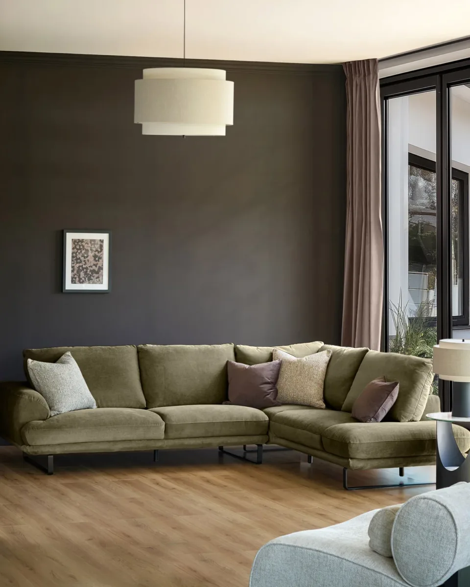 Colette olive green chenille right hand corner chaise sofa