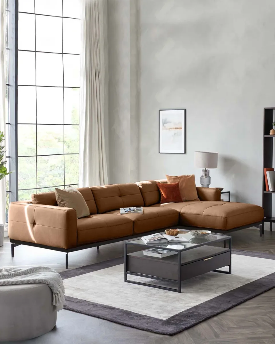 Colton tan leather right hand corner chaise sofa - Image 2