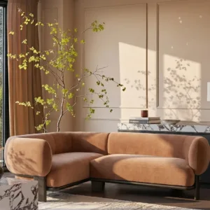 Florence apricot fabric with dark wood left hand facing small corner sofa