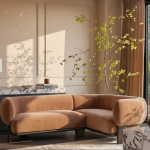 Florence apricot fabric with dark wood right hand facing small corner sofa