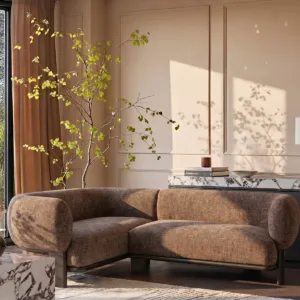 Florence mocha fabric with dark wood left hand facing small corner sofa