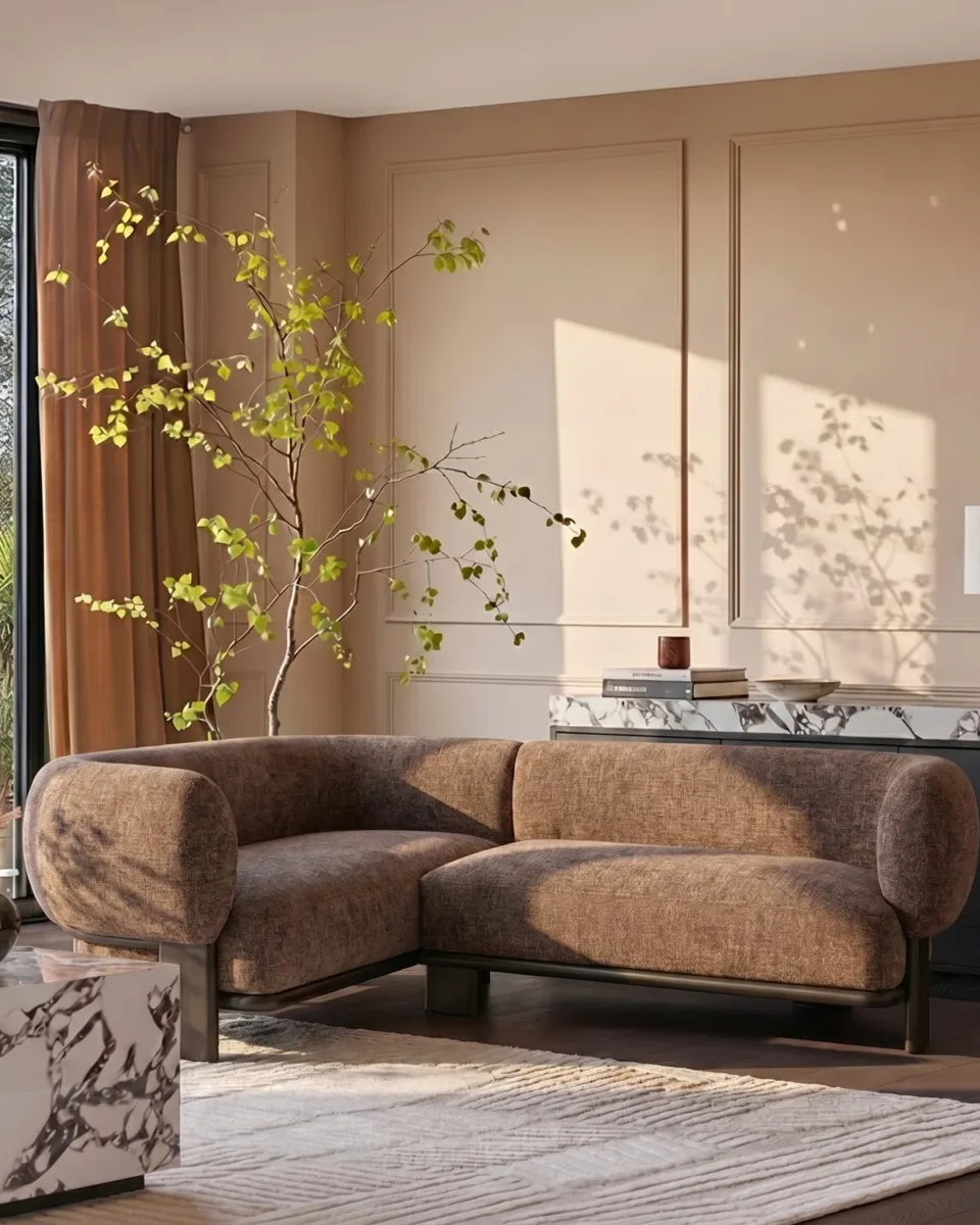 Florence mocha fabric with dark wood left hand facing small corner sofa