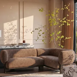 Florence mocha fabric with dark wood right hand facing small corner sofa
