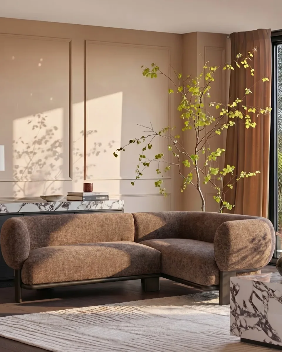 Florence mocha fabric with dark wood right hand facing small corner sofa