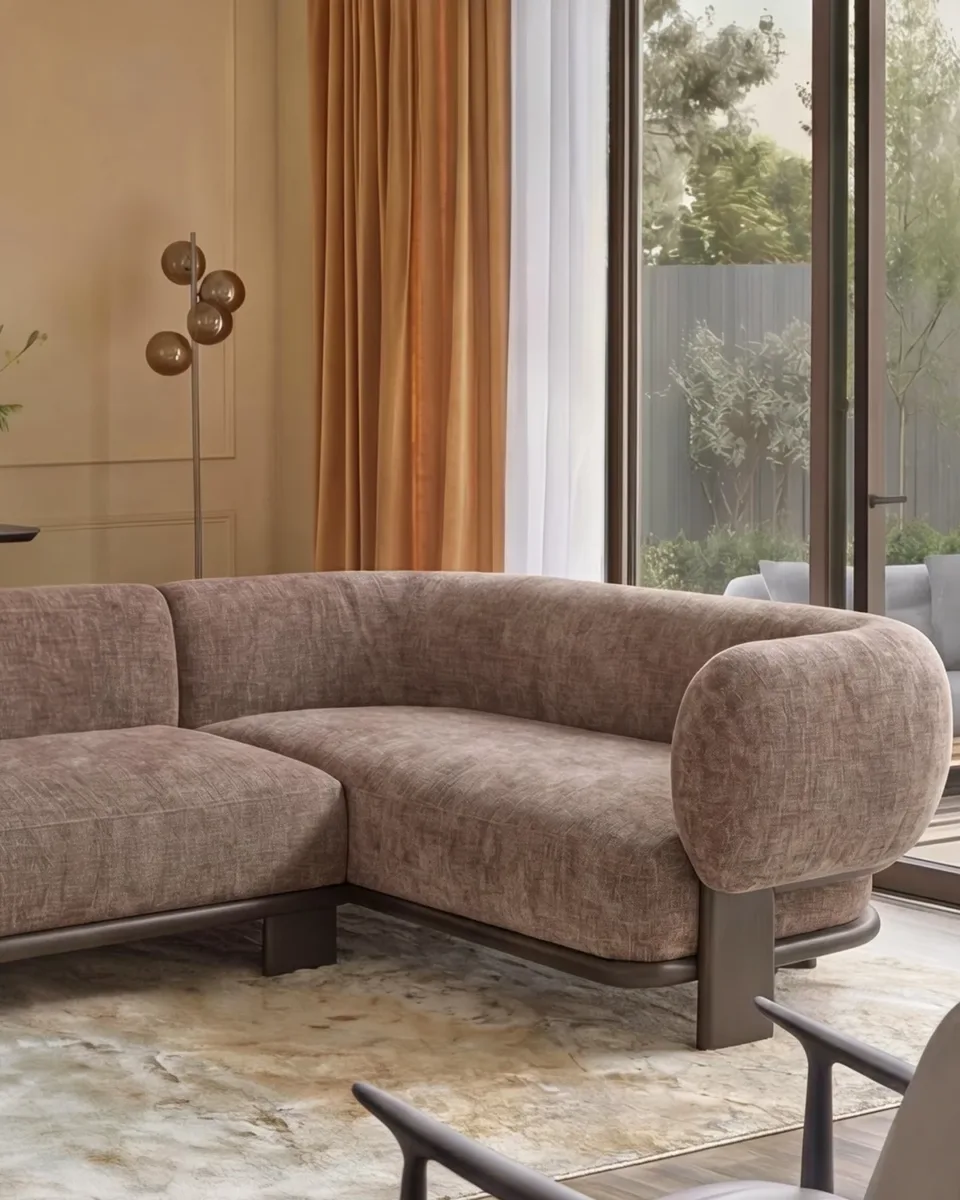 Florence mocha fabric with dark wood right hand facing small corner sofa - Image 2