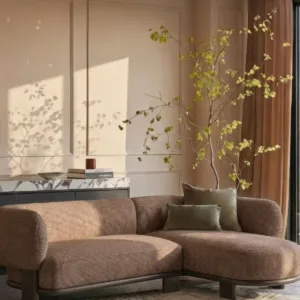 Florence mocha fabric with dark wood right hand facing chaise sofa