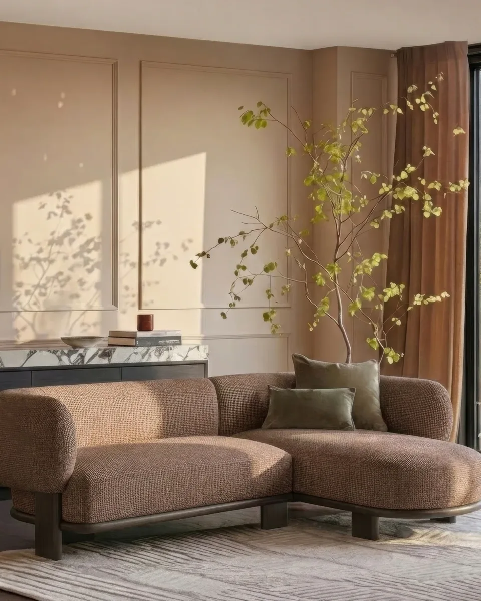 Florence mocha fabric with dark wood right hand facing chaise sofa