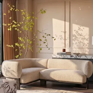 Florence natural fabric with dark wood left hand facing small corner sofa