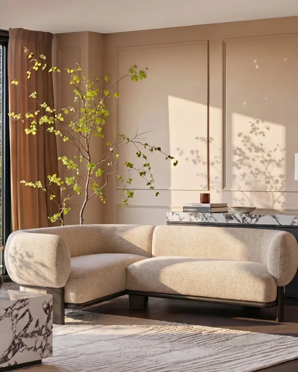 Florence natural fabric with dark wood left hand facing small corner sofa