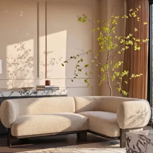 Florence natural fabric with dark wood right hand facing small corner sofa