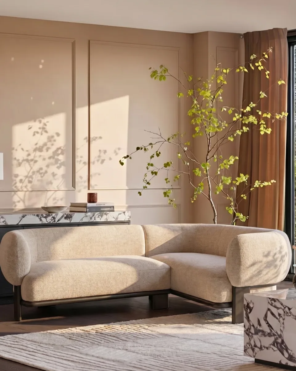 Florence natural fabric with dark wood right hand facing small corner sofa