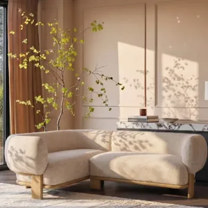 Florence natural fabric with light wood left hand facing small corner sofa