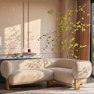 Florence natural fabric with light wood right hand facing small corner sofa