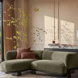 Florence olive green fabric with dark wood left hand facing chaise sofa