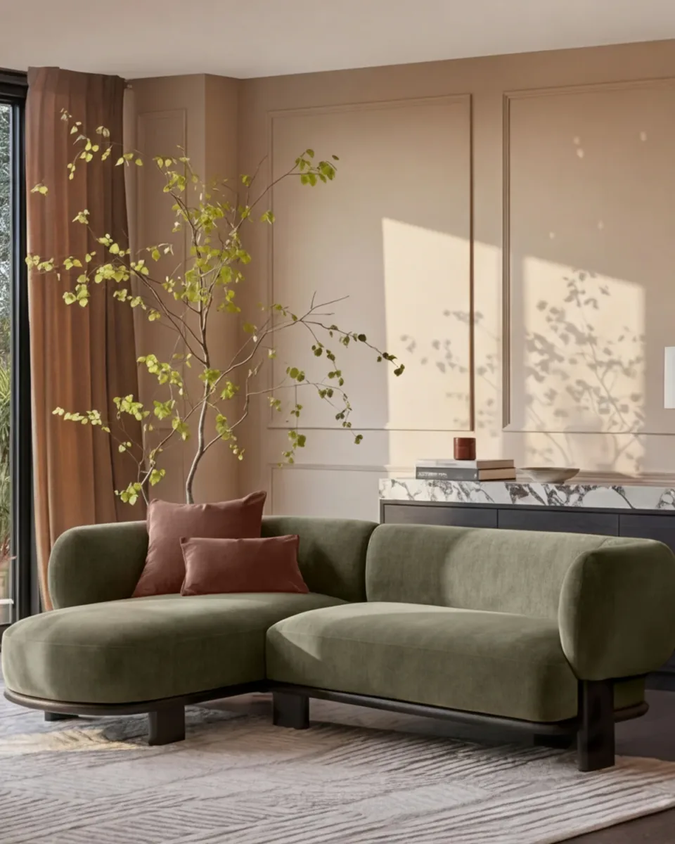 Florence olive green fabric with dark wood left hand facing chaise sofa