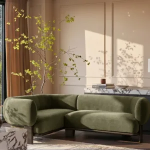 Florence olive green fabric with dark wood left hand facing small corner sofa